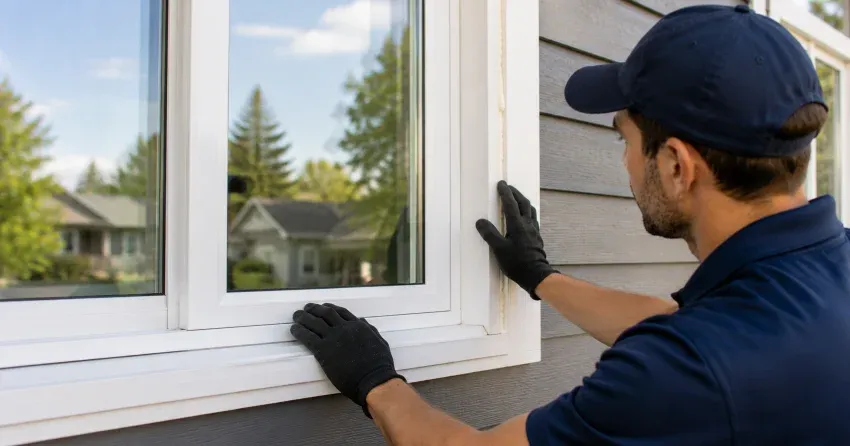 technician comparing full-frame and retrofit window replacement options in Etobicoke