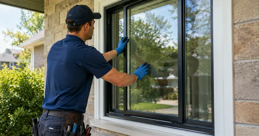 technician measuring a broken window pane for replacement in Sunnylea, Etobicoke