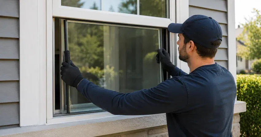 technician boarding up broken window during emergency glass repair Smithfield, Etobicoke