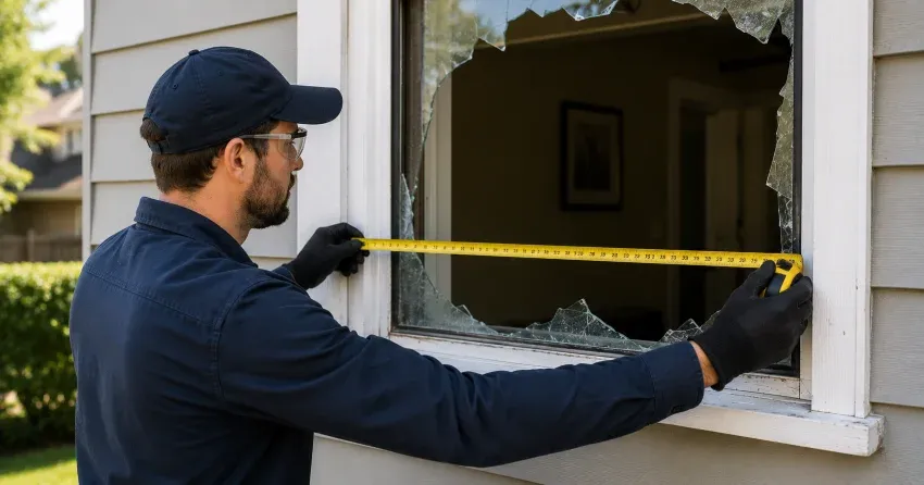 plywood board-up installed on a broken window Clairville, Etobicoke