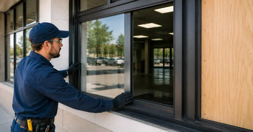 technician boarding a broken window after a break-in in Thistletown, Etobicoke
