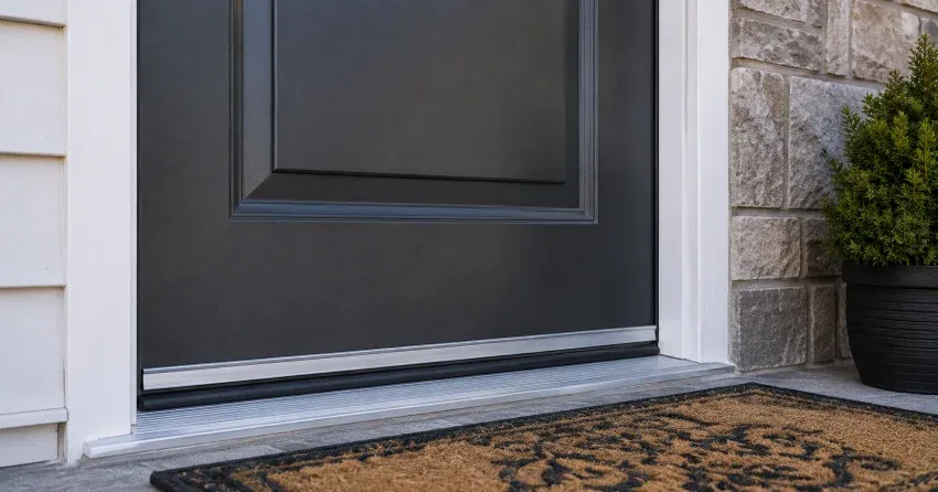 technician replacing worn door weatherstripping in Clairville, Etobicoke home