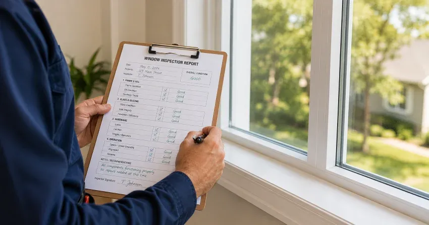 technician inspecting window seal and frame in Rexdale, Etobicoke