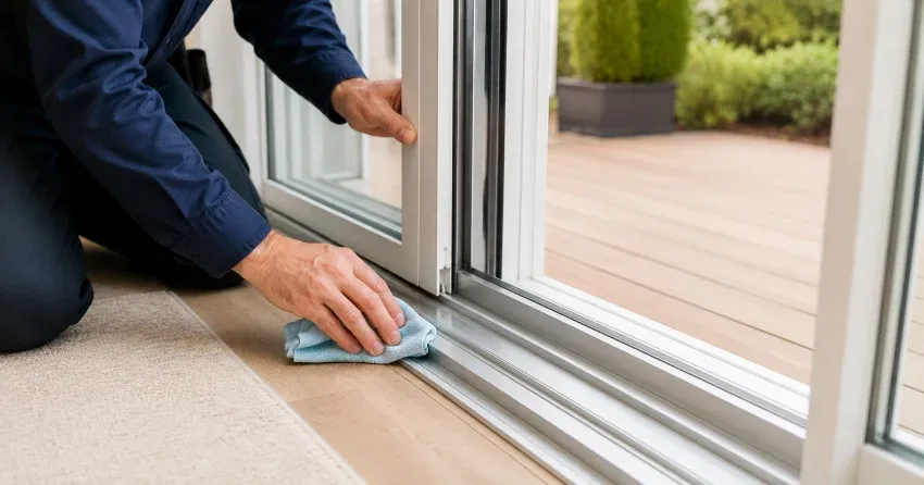 technician inspecting a sliding patio door track in Sunnylea, Etobicoke