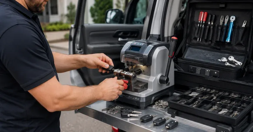 technician cutting a replacement car door lock key in Sunnylea, Etobicoke