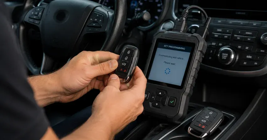 technician inspecting a worn car key before replacement in Smithfield, Etobicoke