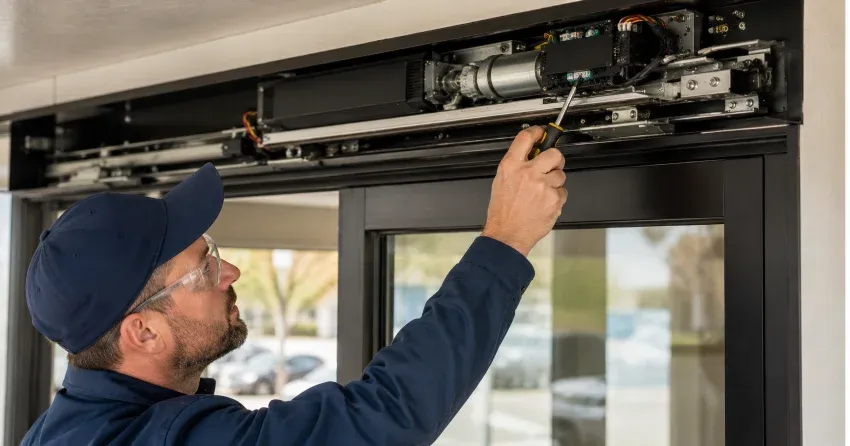 technician completing automatic door repair on residential property in Sunnylea, Etobicoke