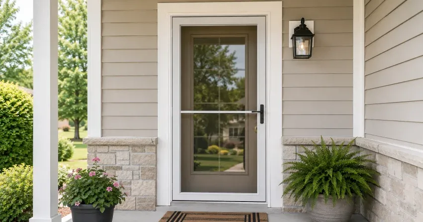 technician hanging storm door square and plumb in Richview, Etobicoke
