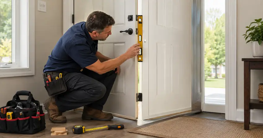 technician diagnosing a misaligned door frame in Sunnylea, Etobicoke