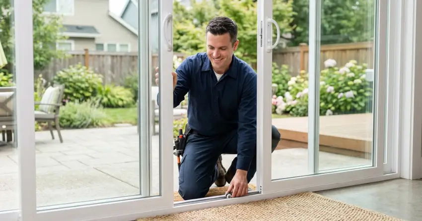technician diagnosing a sticking patio door in Sunnylea, Etobicoke