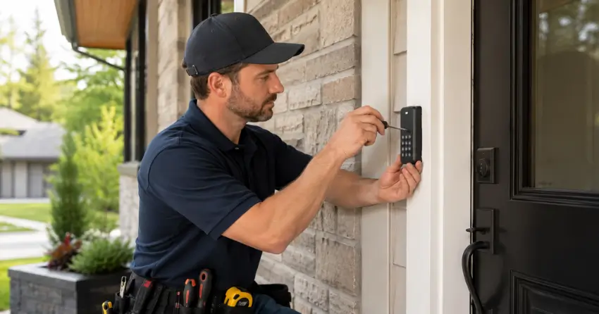 Technician installing an access control system keypad beside a residential front door in Etobicoke