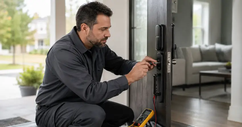 technician diagnosing automatic door lock mechanism on residential door in Sunnylea, Etobicoke