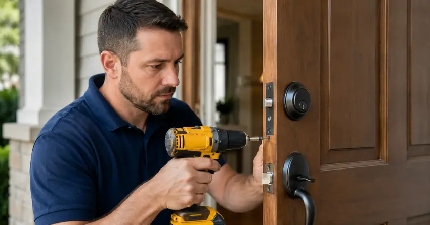 technician installing a new deadbolt during Change Door Lock Smithfield, Etobicoke service