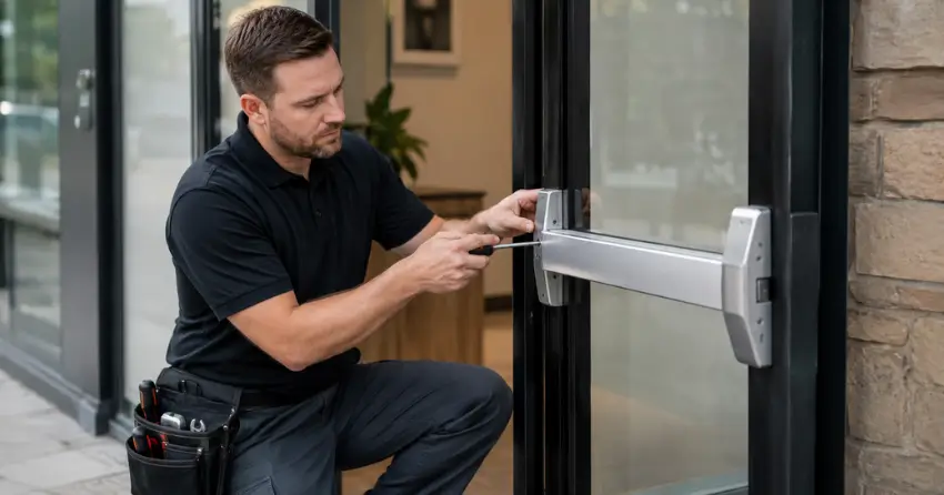 commercial locksmith repairing exit device on storefront door Sunnylea, Etobicoke