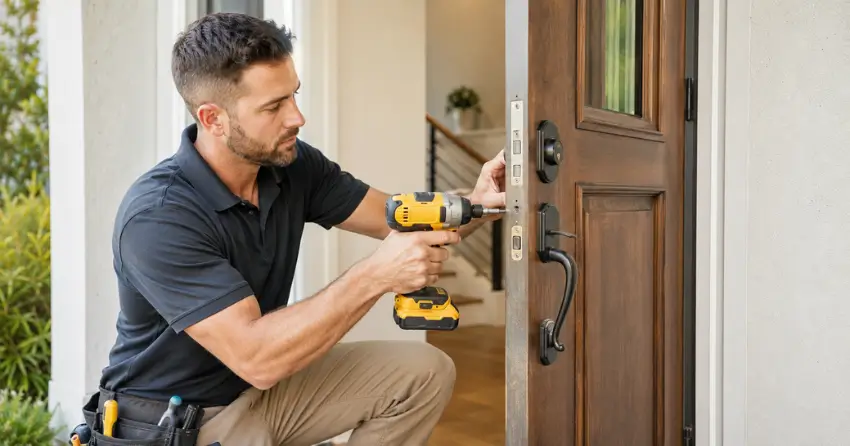 locksmith installing new deadbolt lock on front door in Etobicoke