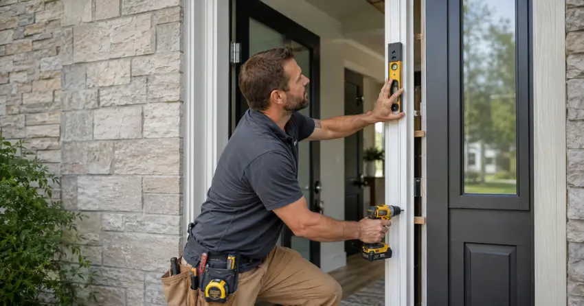 technician installing a new exterior door frame in Etobicoke