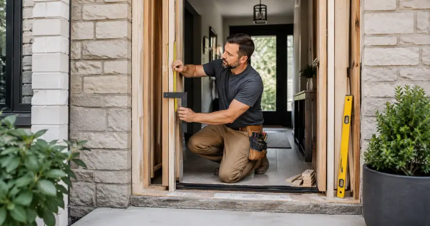 exterior door installer assessing rough opening in Long Branch, Etobicoke