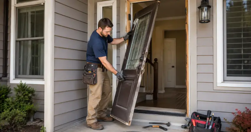 old exterior door being removed for replacement in Sunnylea, Etobicoke