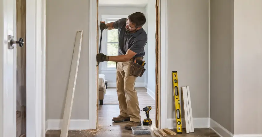 technician removing an old interior door frame during installation Sunnylea, Etobicoke