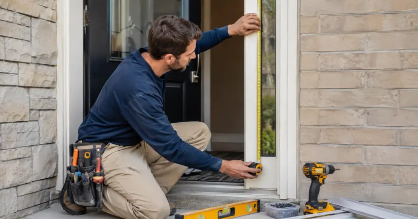 technician measuring door frame before storm door install in Sunnylea, Etobicoke