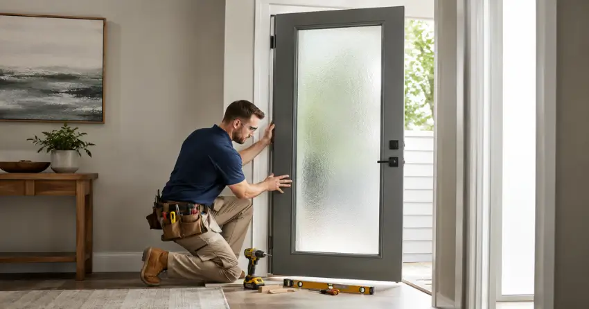 glass panel door installation with frosted privacy glass in residential setting in Sunnylea, Etobicoke