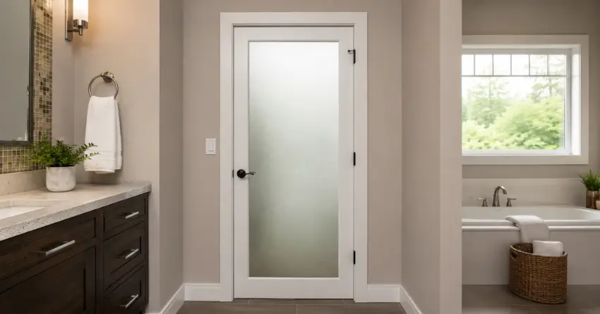 frosted glass panel bathroom door installed in a Sunnylea, Etobicoke home