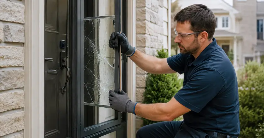 technician removing cracked storm door glass panel in Sunnylea, Etobicoke