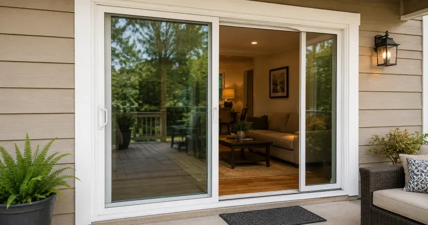 Patio Door Installation technician setting a new frame in Etobicoke