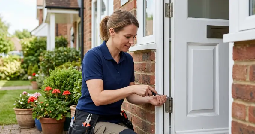 technician repairing exterior door hinge and frame in Smithfield, Etobicoke