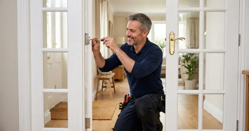 technician adjusting French door hinge for proper alignment in Sunnylea, Etobicoke