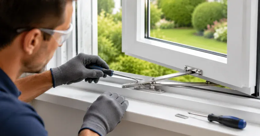 automatic door technician inspecting sensor and control panel in Richview, Etobicoke