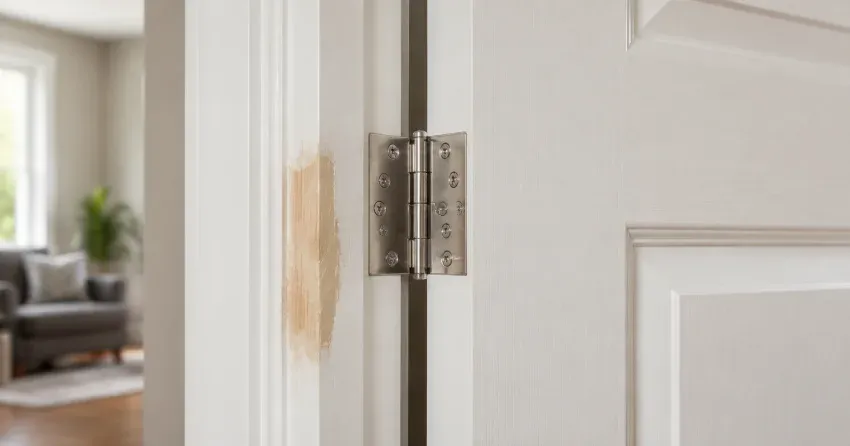 technician checking a warped door against a straightedge in Rexdale, Etobicoke