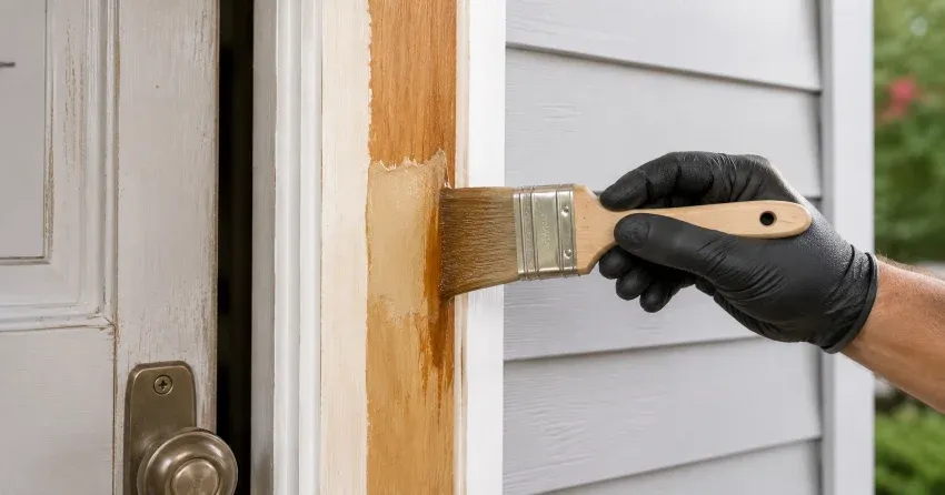 technician probing rotted wood on a door frame in Sunnylea, Etobicoke