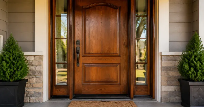 wood door mid-restoration showing stripped bare wood in Sunnylea, Etobicoke