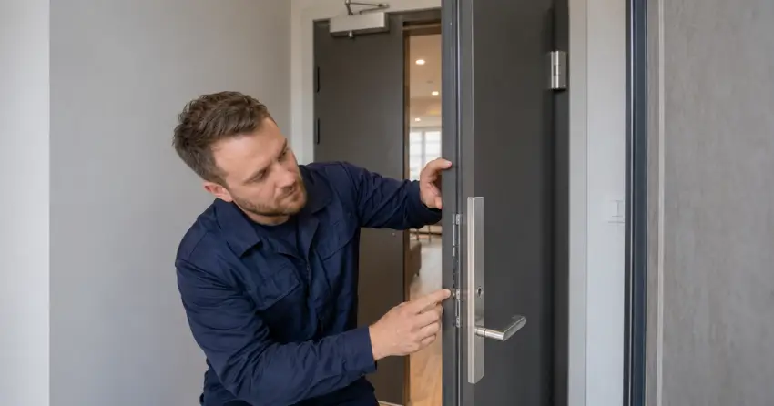 technician inspecting fire-rated door seal and hardware in Sunnylea, Etobicoke