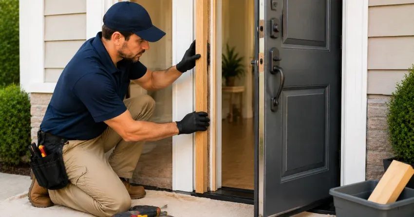 technician inspecting damaged door frame corner in Long Branch, Etobicoke