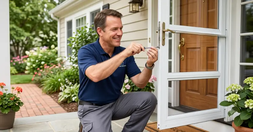 technician adjusting storm door hinge and closer in Sunnylea, Etobicoke