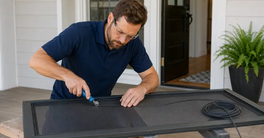 technician replacing screen door mesh and spline in Sunnylea, Etobicoke