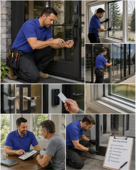 A technician checking a door closer during a commercial service visit